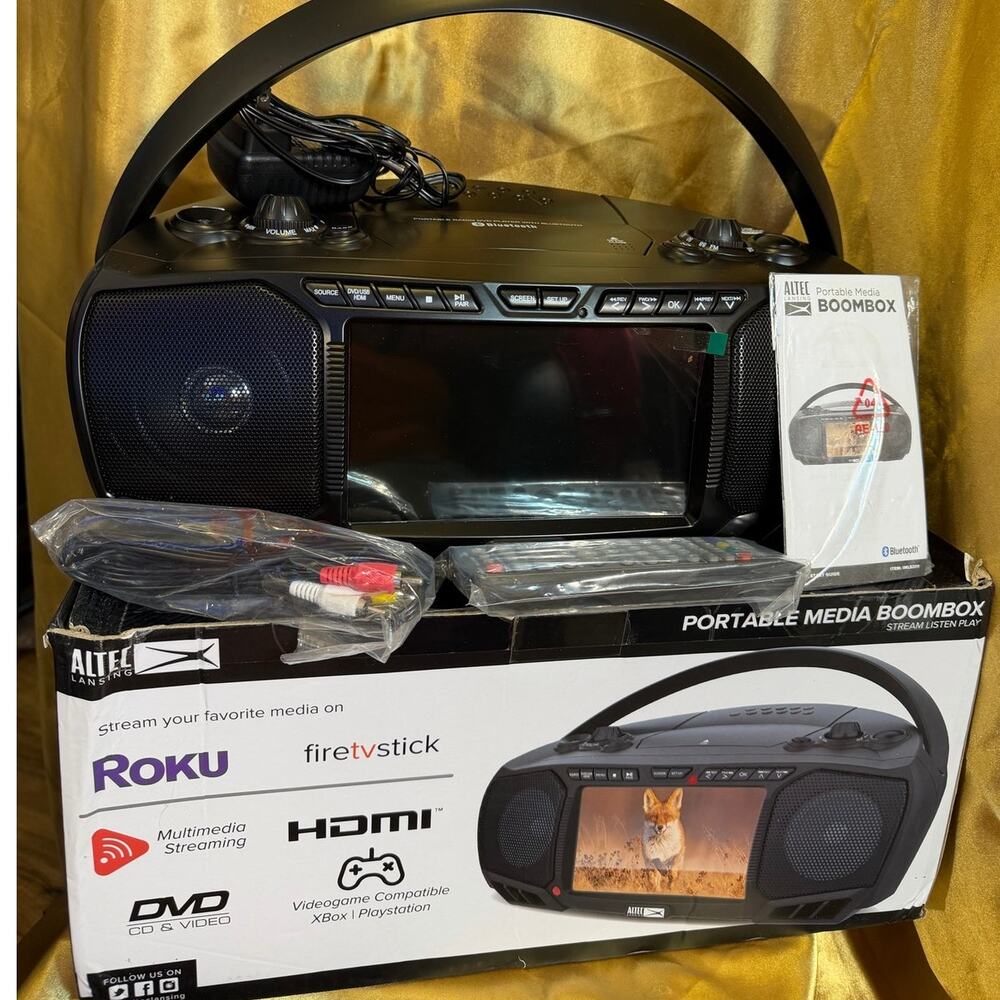 Altec Lansing 7” Screen Media Boombox Black Bluetooth DVD HDMI Retro Portable